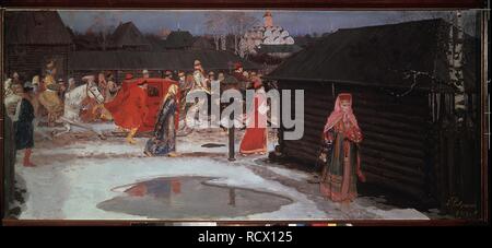 Das 17. Jahrhundert Hochzeitszug in Moskau. Museum: Staatliche Tretjakow-Galerie, Moskau. Autor: Ryabushkin, Andrei Petrowitsch. Stockfoto