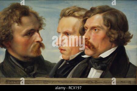 Junge Düsseldorf. Gruppe Porträt der Maler Karl Friedrich Lessing, Carl Ferdinand Sohn und Theodor Hildebrandt. Museum: den Staatlichen Museen zu Berlin. Autor: Hübner, Julius. Stockfoto