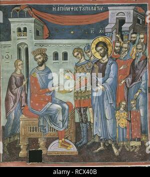 Pilatus wäscht seine Hände. Museum: dionysiou Kloster, den Berg Athos. Autor: Byzantinische Master. Stockfoto