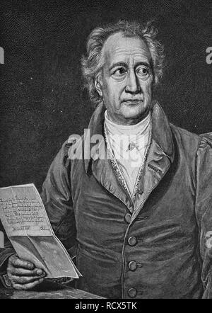 Johann Wolfgang von Goethe, 1749-1832, deutscher Dichter, Holzschnitt, 1888, historischer Stich Stockfoto