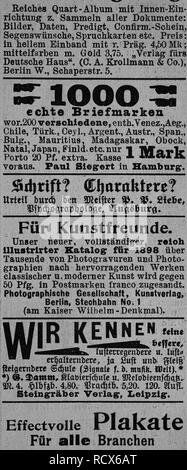 Werbung in der Zeitschrift 'Gartenlaube' im Jahre 1890 veröffentlicht. Stockfoto