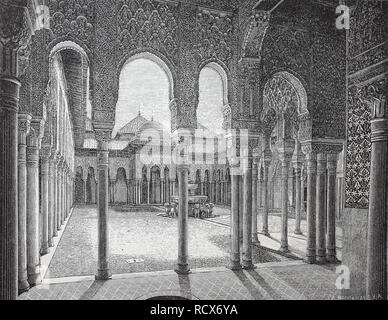 Löwenhof und die Halle der Eveningragen in der Alhambra, 1895, Holzschnitt, Spanien Stockfoto