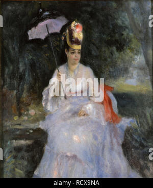 Frau mit Sonnenschirm im Garten sitzen. Museum: private Sammlung. Autor: Renoir, Pierre-Auguste. Stockfoto