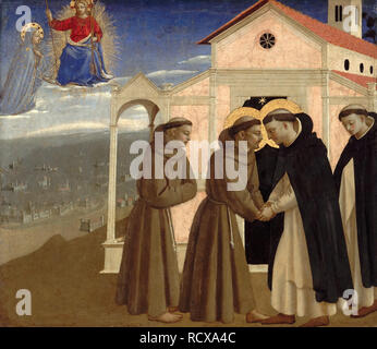 Sitzung des hl. Franziskus und des hl. Dominikus (Szenen aus dem Leben des Heiligen Franz von Assisi). Museum: den Staatlichen Museen zu Berlin. Thema: Fra Angelico. Stockfoto