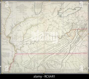 Die großen Seen. Eine neue Karte der westlichen Teile von Virginia, Pennsy. 1778. In der Karte sind See Erie, gezeigt und ein Teil der Seen Huron, Michigan und Ontario. Ferner wird ein Teil des Flusses Mississippi, und der gesamte Fluss Illinois. Bild von einer neuen Karte der westlichen Teile von Virginia, Pennsylvania, Maryland, North Carolina Ursprünglich veröffentlichte/1778 produziert. . Quelle: Maps.75002. (4). Sprache: Englisch. Autor: Hutchins, Thomas. Stockfoto