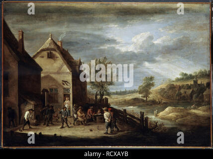 Landschaft mit Bauern spielen Boule. Museum: Staatliche Eremitage, St. Petersburg. Autor: Teniers D.J., David. Stockfoto