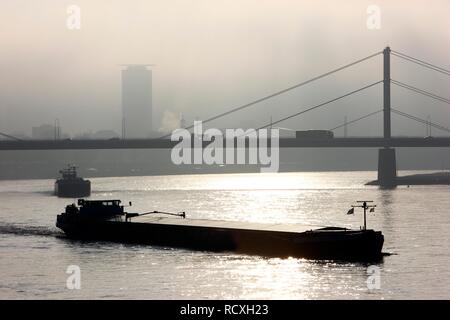 Frachtschiffe auf dem Rhein in Nebel am Morgen mit Rheinturm Rheinkniebruecke towre, Brücke, Düsseldorf, Rheinland Stockfoto