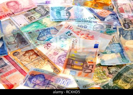 Banknoten, verschiedene Währungen aus aller Welt, Devisen Stockfoto