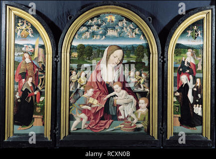 Jungfrau und Kind mit Music-Making Engel und die Sampsons-Coolen Familie, Triptychon. Museum: Museum voor Religieuze Kunst, Uden. Autor: CORNELISZ VAN OOSTSANEN, Jacob. Stockfoto