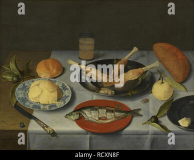 Frühstück mit Brot, Käse, Fisch und Bier. Museum: Rijksmuseum Twenthe, Enschede. Autor: Hulsdonck, Jacob van. Stockfoto