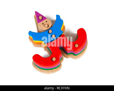 Foto eines Holzspielzeug Kinder clown Clown-förmige Sorter Sorter aus bunten Stücke auf einem weißen Hintergrund isoliert. Das Spielzeug für die Entwicklung von Stockfoto