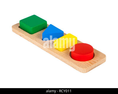 Foto eines Holzspielzeug Kinder Sorter mit kleinen Details in Form von geometrischen Formen (Rechteck, Quadrat, Kreis, Dreieck), in verschiedenen Stockfoto