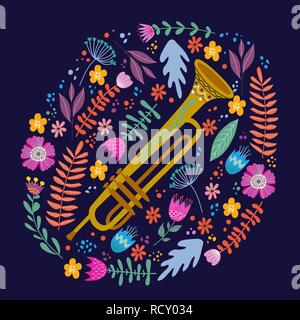 Isolierte Posaune und helle Blätter und Blüten auf blauem Hintergrund. Handzeichnung folk Flachbild doodles Vektor Stock Vektor