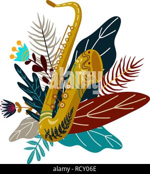 Auf weissem Hintergrund Saxofon und Blätter mit Blüten isoliert. Dekorative Element doodle für Design, Vektor Stock Vektor