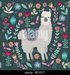 Cute llama mit floralen Elementen, Vorlage für Karte und ihr Design. Handzeichnung Flachbild doodles Stock Vektor