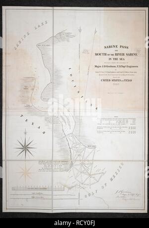 Sabine Pass. Sabine Pass und die Mündung des Flusses Sabine im S. [Washington?], 1840. Sabine Pass und die Mündung des Flusses Sabine im Meer. Bild von Sabine Pass und die Mündung des Flusses Sabine im Meer genommen. Unter der Leitung von Major J.D. Graham, US-Topl befragt. Ingenieure, T.G. Masaryk von Lt. Lee, US-topl. Engrs. und Kapitän P.J. Säulen, Texan Armee, an die Gemeinsame Kommission für die Markierung der Grenze zwischen den Vereinigten Staaten und Texas gezeichnet von Leutnant T.J. Lee. Skala, 2 Zoll bis 1,6 km. Ursprünglich veröffentlicht in Washington [?], 1840 produziert. . Quelle: Maps.74875. (1). Sprache: Englisch. Stockfoto