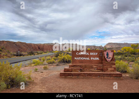 Eingangsschild des Capitol Reef National Park, Utah Stockfoto