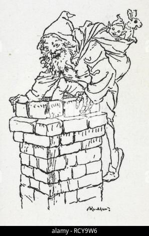 Weihnachtsmann klettern hinunter einen Schornstein mit einem Sack von Geschenken. [Ein Besuch von St. Nikolaus.] Die Nacht vor Weihnachten... Mit Ill. von Arthur Rackham. London: G.G.Harrap & Co., 1931. Quelle: 011686.dd.2 Seite 1 Detail. Autor: RACKHAM, Arthur. Moore, Clement Clarke. Stockfoto