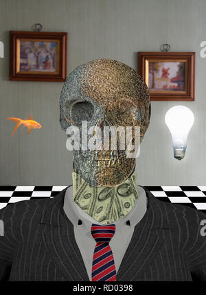 Skelett im Anzug mit Dollar um den Hals. Goldenen Fisch und Glühbirne stellt Wünsche und Ideen. Stockfoto