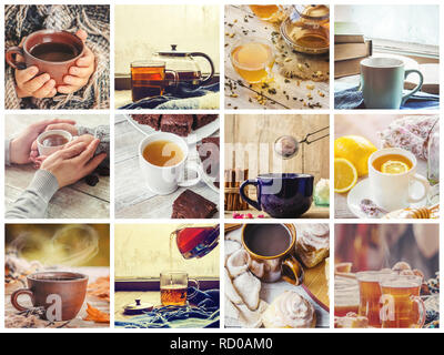Collage Herbst. Kaffee heiß trinken. Selektiver Fokus Essen Stockfoto