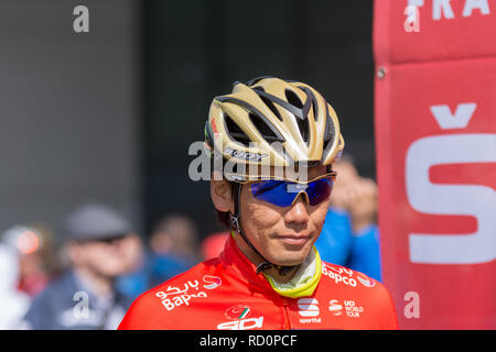 ESCHBORN, Deutschland - 1. Mai 2018: yukiya Arashiro (Bahrain Merida) bei Eschborn-Frankfurt Radrennen Stockfoto