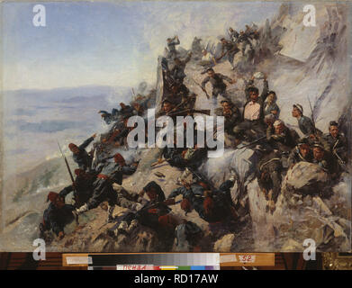 Die Verteidigung der "Eagle's Nest" auf der Schipkapass in 1877. Museum: Regionale K. Savitsky Art Gallery, Pensa. Autor: Popov, Andrei Nikolajewitsch. Stockfoto