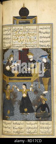 Bahram Gur mit dem Zahnstein Prinzessin im Grünen Pavillon. . Nizami die Khamsa ('Fünf Gedichte"). Isfahan, Iran, 1665-1667. Quelle: Hinzufügen. 6612, f. 159 v. Sprache: Persisch. Autor: NIZAMI. Talib Lala. Stockfoto