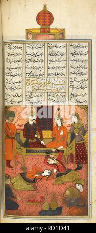 Bahram Gur mit der russischen Prinzessin im Roten Pavillon. . Nizami die Khamsa ('Fünf Gedichte"). Isfahan, Iran, 1665-1667. Quelle: Hinzufügen. 6612, f. 171 v. Sprache: Persisch. Autor: NIZAMI. Talib Lala. Stockfoto