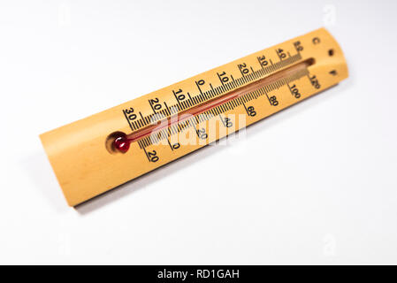 Holz- thermometer auf weißem Hintergrund Stockfoto