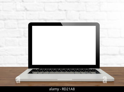 3D-Rendering von weißer Bildschirm Laptop auf dem Desktop Stockfoto
