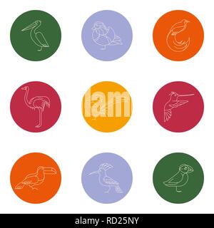 Vögel sind verschiedene Arten. Lineare Icon Set. Für logo, Print, Web site Stock Vektor