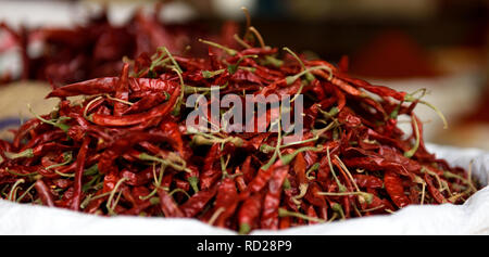 Korb mit frischen getrockneten rohen Paprika im Khari Baoli Gewürzmarkt in Old Delhi, Indien Stockfoto