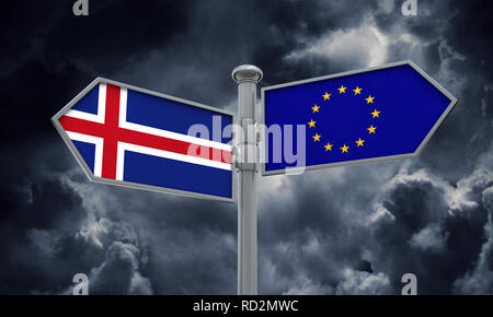 Island und die Europäische Union Wegweiser. Bewegen sich in verschiedene Richtungen. 3D-Rendering Stockfoto