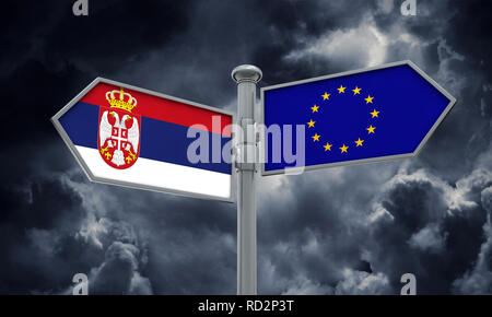 Serbien und die Europäische Union Wegweiser. Bewegen sich in verschiedene Richtungen. 3D-Rendering Stockfoto