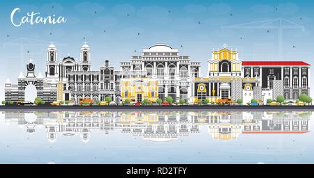 Catania Italien City Skyline mit grauen Gebäude, blauer Himmel und Reflexionen. Vector Illustration. Business Travel und Tourismus Konzept. Stock Vektor