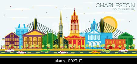 Charleston South Carolina Skyline der Stadt mit Gebäuden und blauer Himmel. Vector Illustration. Business Travel und Tourismus Konzept. Stock Vektor