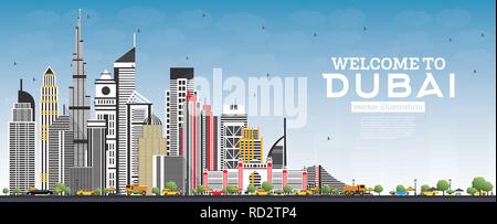 Nach Dubai UAE Skyline mit grauen Gebäuden und blauer Himmel willkommen. Vector Illustration. Business Travel und Tourismus Konzept mit moderner Architektur. Stock Vektor