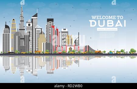 Nach Dubai UAE Skyline mit grauen Gebäude, blauer Himmel und Reflexionen zu begrüßen. Vector Illustration. Reise und Tourismus Konzept mit moderner Architektur. Stock Vektor