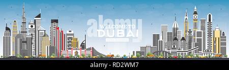 Nach Dubai UAE Skyline mit grauen Gebäuden und blauer Himmel willkommen. Vector Illustration. Business Travel und Tourismus Konzept mit moderner Architektur. Stock Vektor