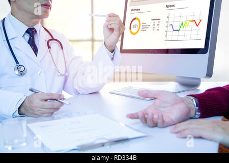 Männlicher Arzt prüfen ein Thermometer und eine Konsultation zu seinen Patienten mit der medizinischen Diagnose Informationen über Computer im Büro. Stockfoto