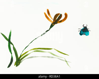 Ausbildung Zeichnung in Sumi-e (suibokuga) Stil mit Wasserfarben - Fehler und Iris Blume sind von Hand auf cremigem Papier gezeichnet Stockfoto