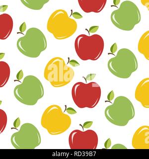 Nahtlose Hintergrund/Textur mit saftigen roten, gelben und grünen Äpfeln mit niedlichen Blätter und Schatten. Vector Illustration, EPS 10. Stock Vektor