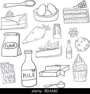 Hand Set von Backzutaten und Desserts. Kuchen, Schokolade und Plätzchen. Vector Illustration Stock Vektor