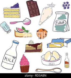 Hand Set von Backzutaten und Desserts. Kuchen, Schokolade und Plätzchen. Vector Illustration Stock Vektor