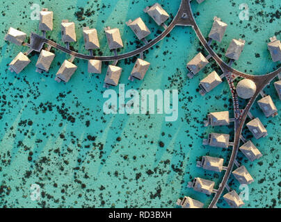 Luftaufnahme von Überwasser Bungalows mit Strohdächern in der Lagune von Moorea in Französisch Polynesien Stockfoto