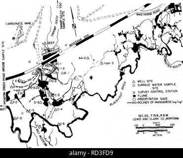 . Hydrochemischen, vegetative und mikrobiologischen Auswirkungen einer natürlichen und eine Pflanzenkläranlage über die Kontrolle von Acid Mine Drainage. Mine Drainage; Acid Mine Drainage; Feuchtgebiete. 8.2.1.2 Mangan die Verteilung von Mangan in flachen Feuchtgebieten Böden gekennzeichnet ist durch hohe Konzentrationen im Standort D-1, F-1-Bereich (Abbildung 8-2). Die Werte an den Standort D-1 sind etwa eine Größenordnung über dem Hintergrund Seiten AA-2 und AAA-3. Die Konzentrationen von Boden Mangan nehmen mit zunehmender Entfernung vom Standort D - 1 einige Mangan wird aus dem Grundwasser entnommen und in t beschlagnahmt Stockfoto