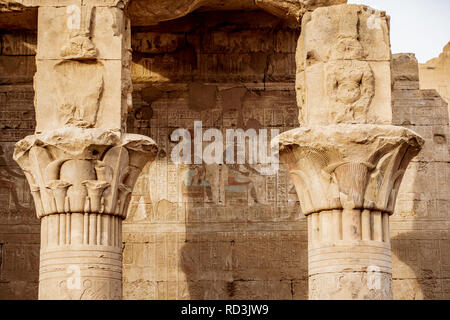 Uralte Hieroglyphen noch in Farbe sichtbar auf der Außenseite von Edfu Tempel in der Nähe von Luxor Ägypten Stockfoto
