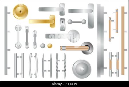 Türgriffe Set isoliert auf Weiss. Zubehör für Fenster und Türen. Vector Illustration. Stock Vektor