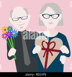 Gerne ältere Paare, die in den Austausch von Liebe Geschenke auf Saint Valentines Tag Stock Vektor