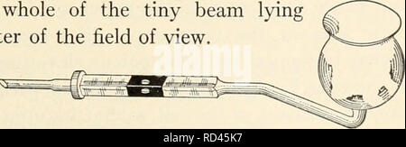 . Elementare chemische Mikroskopie. Mikroskopie; Mikrochemie. ULTRAMICROSCOPES 111 Nachdem Sie durch den Schlitz die Lichtstrahlen die Linse geben Sie C2, mit einer Brennweite von 55 Millimetern, deren Funktion es ist, das verkleinerte Abbild des Schlitz in den Kondensator zu Projekt - Ziel C 3. Da beide geschlitzt und Objektiv C2 nach vorn und hinten auf der optischen Bank beweglich sind, die Linse C2 dient einem doppelten Zweck, Projektion und die Einstellung der Größe des Lichtstrahls in C3. Das Ziel C3 Projekte in die Vorbereitung in der Zelle von schwarzem Glas U ein winziges Licht kegelförmig im rechten Winkel enthalten Stockfoto